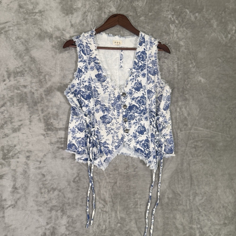 POL Womens Sz M Blue White Toile Denim Vest Cottagecore Boho Frayed Corset Ties - Picture 2 of 9
